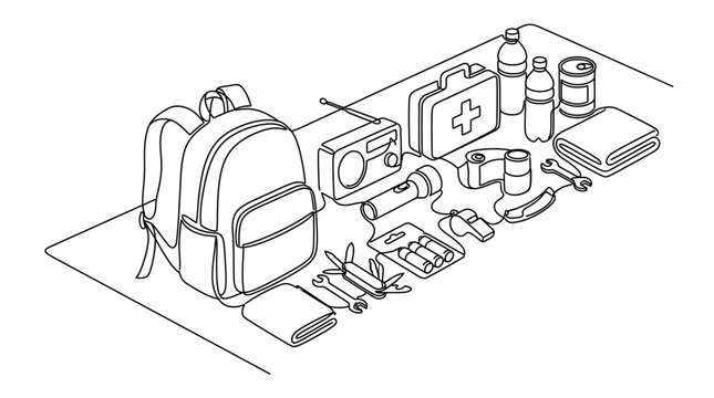 Emergency disaster survival kit outline illustration.