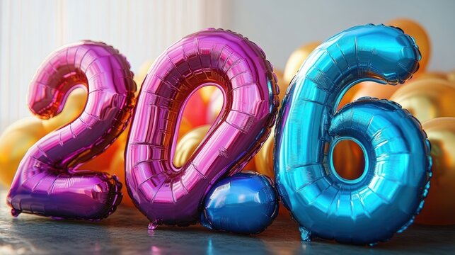 shiny pink and blue foil number balloons forming 20.6 with a small blue decimal dot and gold balloons in the background, festive and joyful party scene