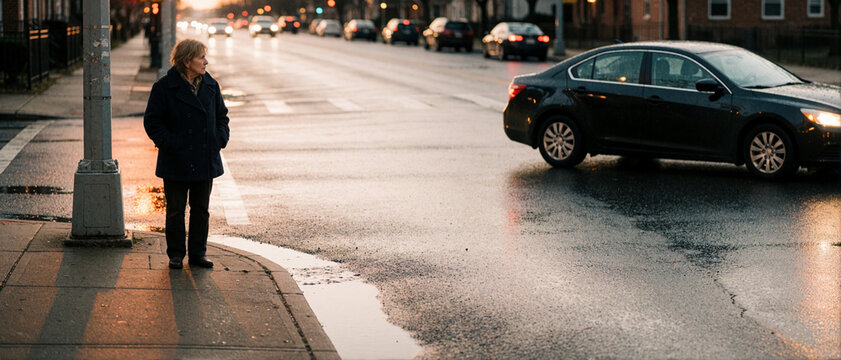 Elderly woman waiting to cross the street at sunset on a wet city sidewalk