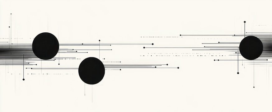 three large black circles with fine horizontal lines and scattered dots on a pale background, minimalist geometric composition evoking calm contemplative balance