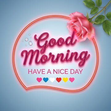 Good morning have a nice day greeting sign with pink rose and heart icons