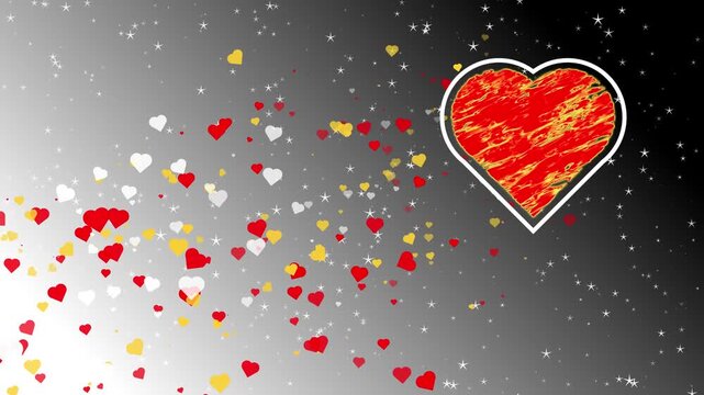 A seamless loop animation featuring a large textured red heart and a continuous stream of flowing small hearts and glowing stars on a gradient background.