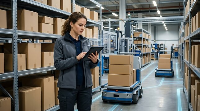 A young female warehouse worker using a tablet computer to manage inventory with an autonomous mobile robot carrying cardboard boxes in a busy modern distribution center