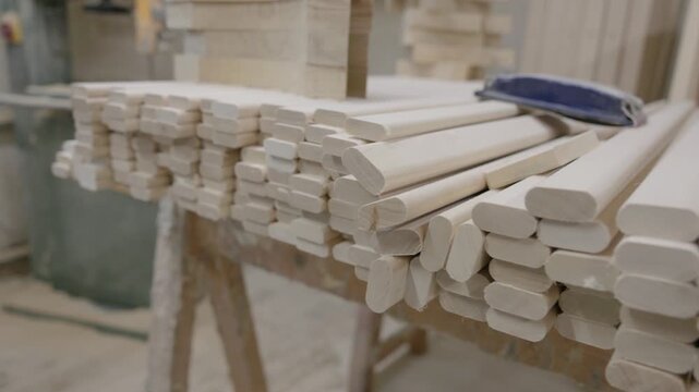 Bundles of smooth unfinished wooden rails and rounded slats stacked on a workbench in a woodworking workshop, with machinery softly blurred in the background