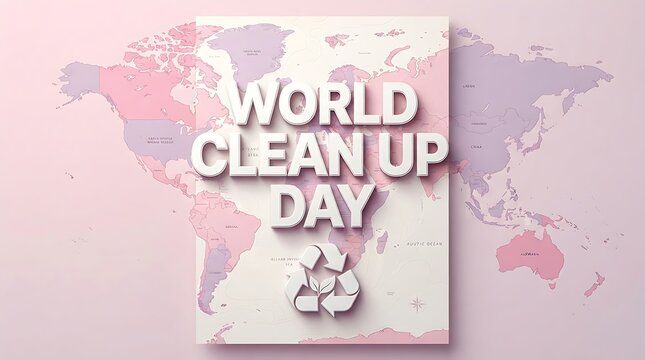 World cleanup day concept with 3d text and recycling symbol over a stylized world map background