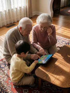 Grandparents and grandchild using tablet together at home