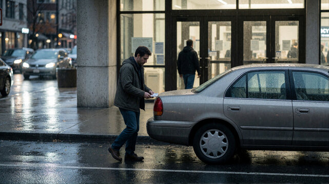 Man checking parking ticket or note on car in rainy city street