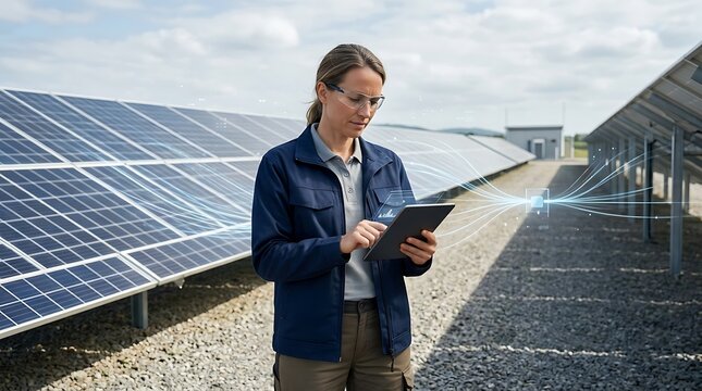 Professional female engineer using a digital tablet to inspect solar panels on a sunny outdoor roof site for renewable energy monitoring and maintenance checks