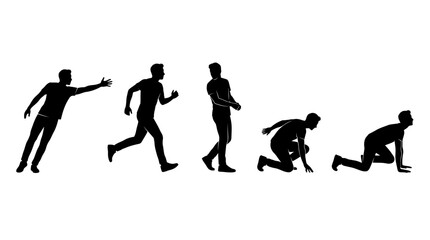 Obraz premium Five distinct black silhouettes of men performing various actions like reaching, running, walking, and crawling
