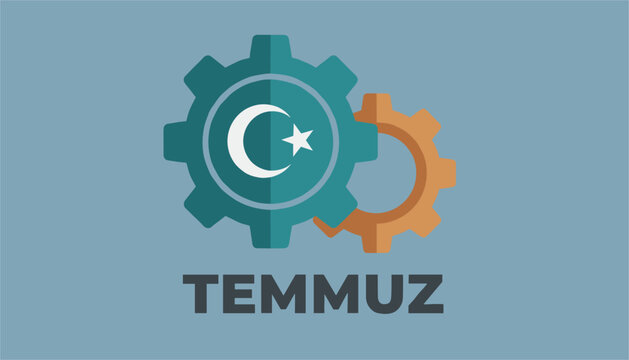 Graphic illustration featuring interlocking gears with Turkish crescent and star and text temmuz meaning July in Turkish.