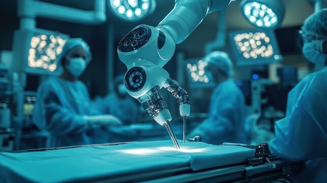 robotic surgical arm over sterile draped operating table with masked surgeons and bright surgical lights, clinical focused intensity