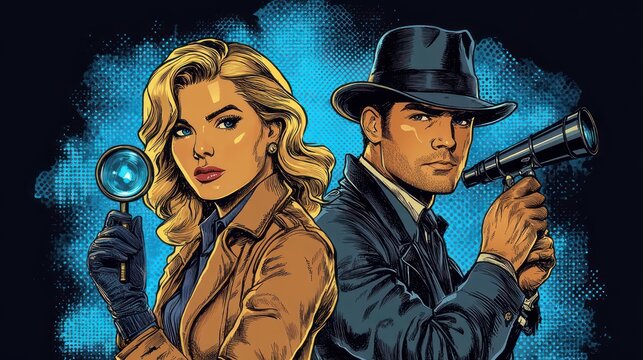 Retro comic duo: determined blonde woman with magnifying glass and trench coat, stern man in fedora aiming a pistol, back-to-back in a tense confident pose against a blue halftone background