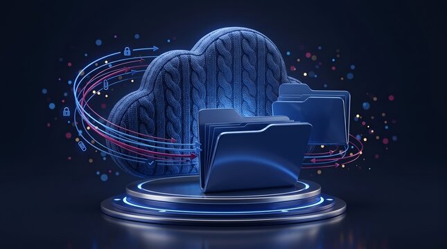 Secure cloud data storage migration concept featuring knitted virtual folders and digital network upload