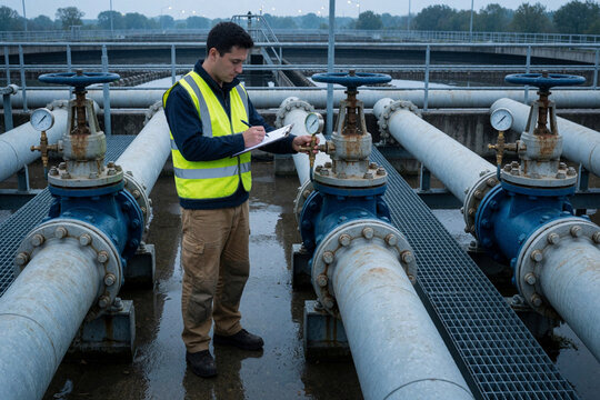 Engineer inspecting water treatment plant pipes and valves