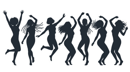 Fototapeta premium Energetic young women dancing together with joy in black silhouettes isolated on a white background