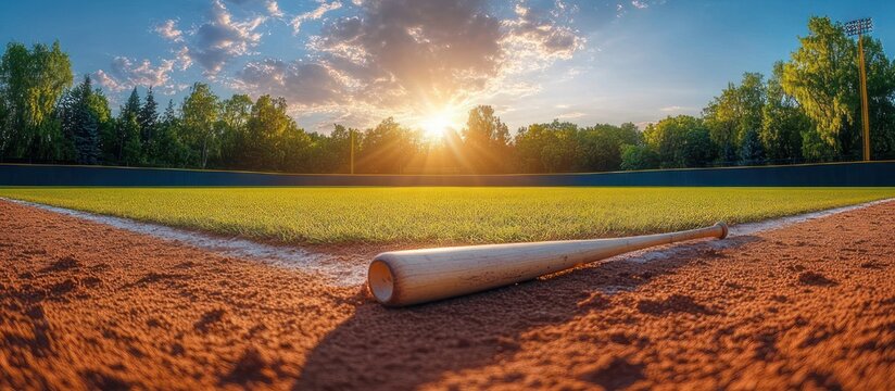 Wooden baseball bat resting on a chalked infield at golden hour, empty ballpark with sun rays over green outfield and surrounding trees, quiet nostalgic anticipation