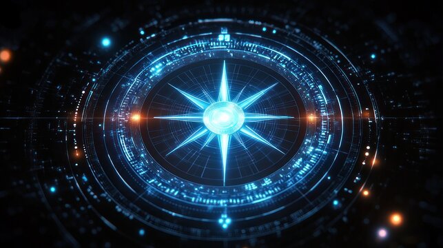 glowing blue holographic compass rose centered in circular digital interface with concentric data rings, circuitry and light particles conveying futuristic precision and navigation