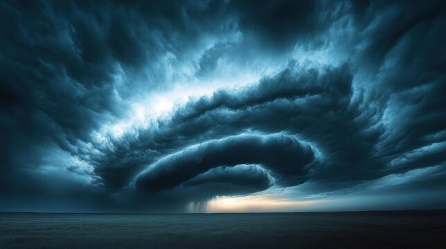 Swirling layered storm clouds over a flat open plain with distant rain shaft and faint horizon light, dramatic ominous sky conveying awe and foreboding
