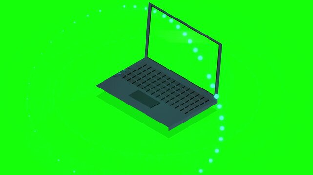 Isometric Futuristic Laptop with Rotating Data Orbit Animation