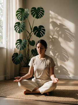 Woman meditating in lotus position at home with monstera plant, peaceful morning light