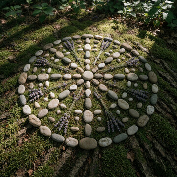 Nature mandala made of stones and lavender on moss