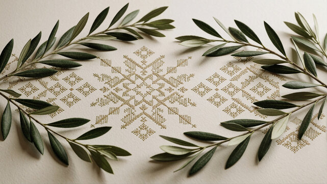 Olive branches framing traditional cross-stitch embroidery pattern on textured paper