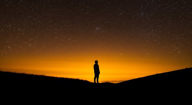 Silhouette of Person Under Starry Night Sky During Sunset