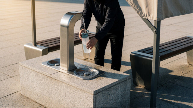 Person filling a water bottle from a public drinking fountain