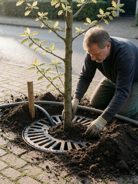 Man planting a young oak tree in a city sidewalk tree grate