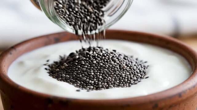 A person pours chia seeds from a glass jar into a bowl of yogurt in a cozy kitchen. The yogurt sits in a brown clay bowl. This process shows how to prepare a healthy snack
