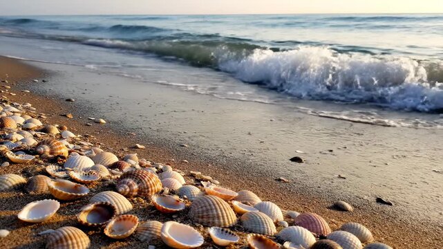 Waves roll onto the sandy beach where various shells are scattered. The sun sets in the background, casting a warm light over the coast