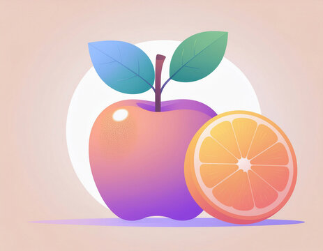 Colorful vector illustrations of fresh apples and oranges with green leaves, featuring clean shapes, vibrant gradients, and a modern minimalist style. Suitable for food, healthy eating, nutrition, pac