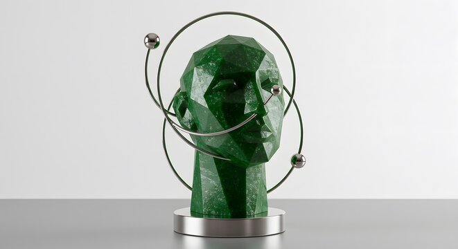 Green Geometric Head Sculpture with Metallic Orbits on White Background