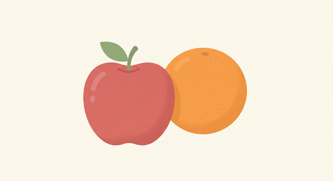 Colorful vector illustrations of fresh apples and oranges with green leaves, featuring clean shapes, vibrant gradients, and a modern minimalist style. Suitable for food, healthy eating, nutrition, pac