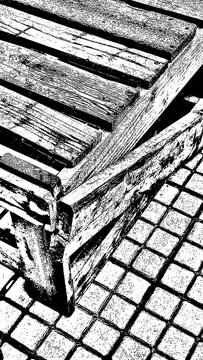 High contrast black and white graphic of wooden planks structure on tiled ground. Ideal for abstract textures, grunge backgrounds, architectural design, and monochrome print artwork.