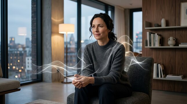 Young woman sitting in a modern apartment looking out the window at the city skyline in the evening with a thoughtful expression and cozy home atmosphere for lifestyle