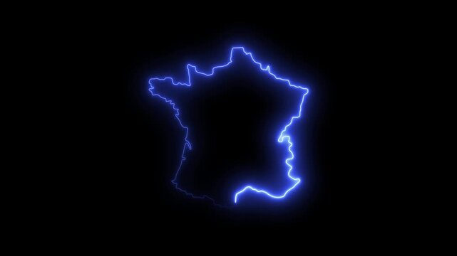 Glowing neon france map outline animation on black background 4K video motion