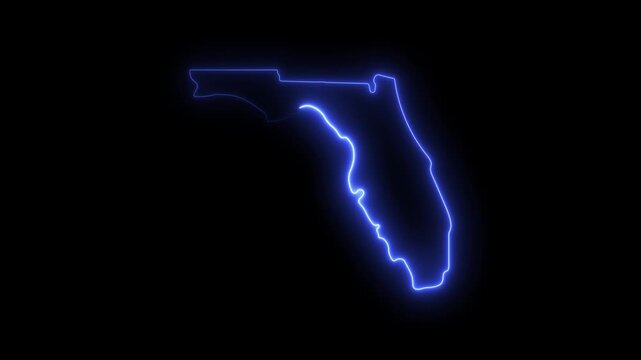 Glowing neon florida state map outline animation on black background 4K video motion