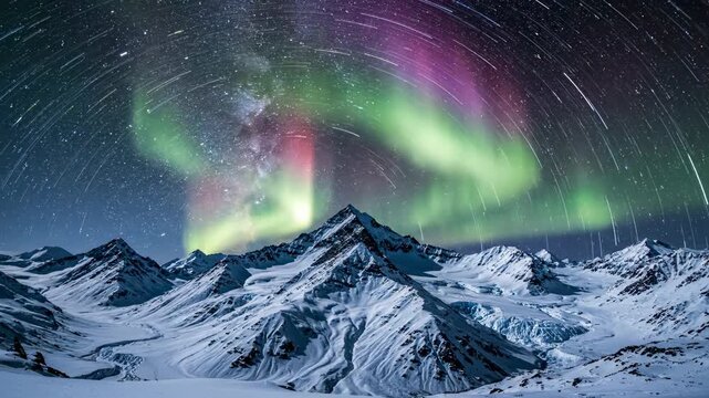 Aurora borealis lights up the sky above snow-covered mountains in Alaska. Stars shine brightly as colors swirl in the night sky. The cold winter landscape adds to the beauty of the lights