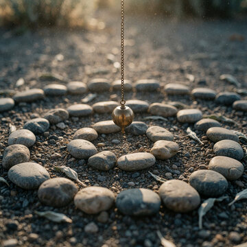 Pendulum over stone circle in nature with dust particles in sunlight