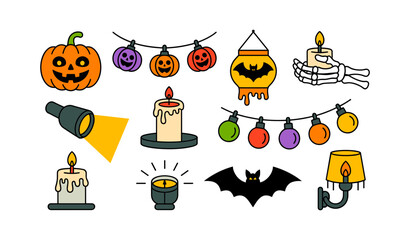 Fototapeta premium Collection of cartoon halloween icons including pumpkins candles bats and string lights