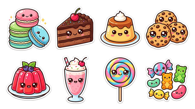 Collection of cute kawaii desserts and sweets with happy faces, including macarons, cake, pudding, cookies, jelly, milkshake, lollipop, and candies.