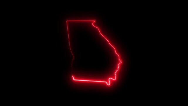 Glowing red neon outline map of georgia state isolated on black background 4K video motion