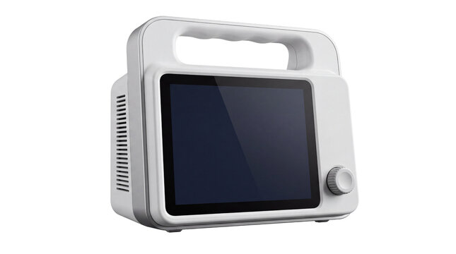Portable medical monitor with digital screen, white hospital patient monitoring device, professional healthcare diagnostic equipment