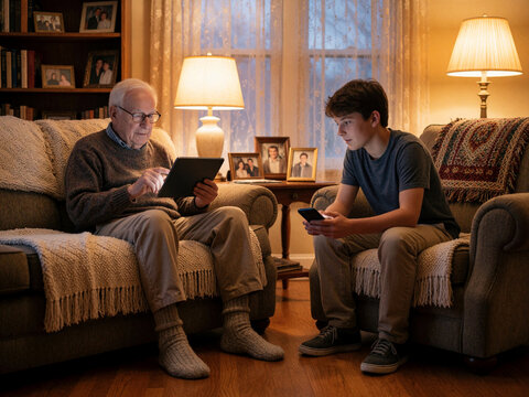 Grandfather and grandson using digital devices in living room