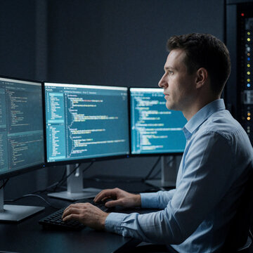 Programmer working on multiple monitors with code in a dark server room