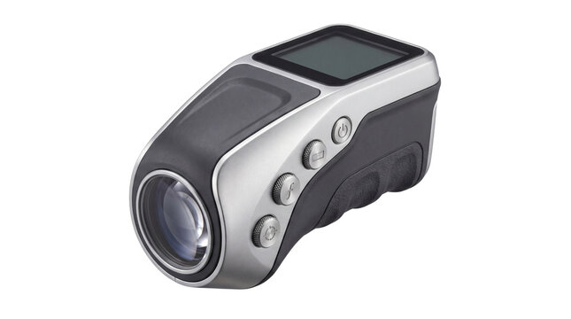 Digital laser rangefinder for golf and hunting. Professional distance meter with LCD screen. Portable optical measuring device.