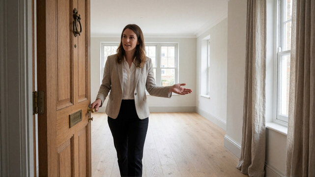 Female real estate agent showing an empty house interior to a client