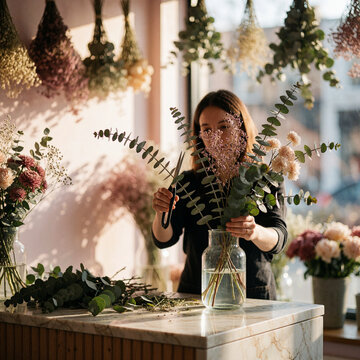 Floral Designer Arranging Eucalyptus and Flowers in a Glass Vase at a Marble Counter