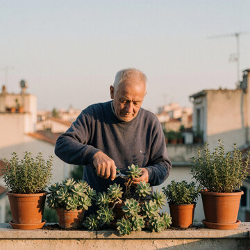 Senior man gardening and pruning succulents on a rooftop terrace at sunset